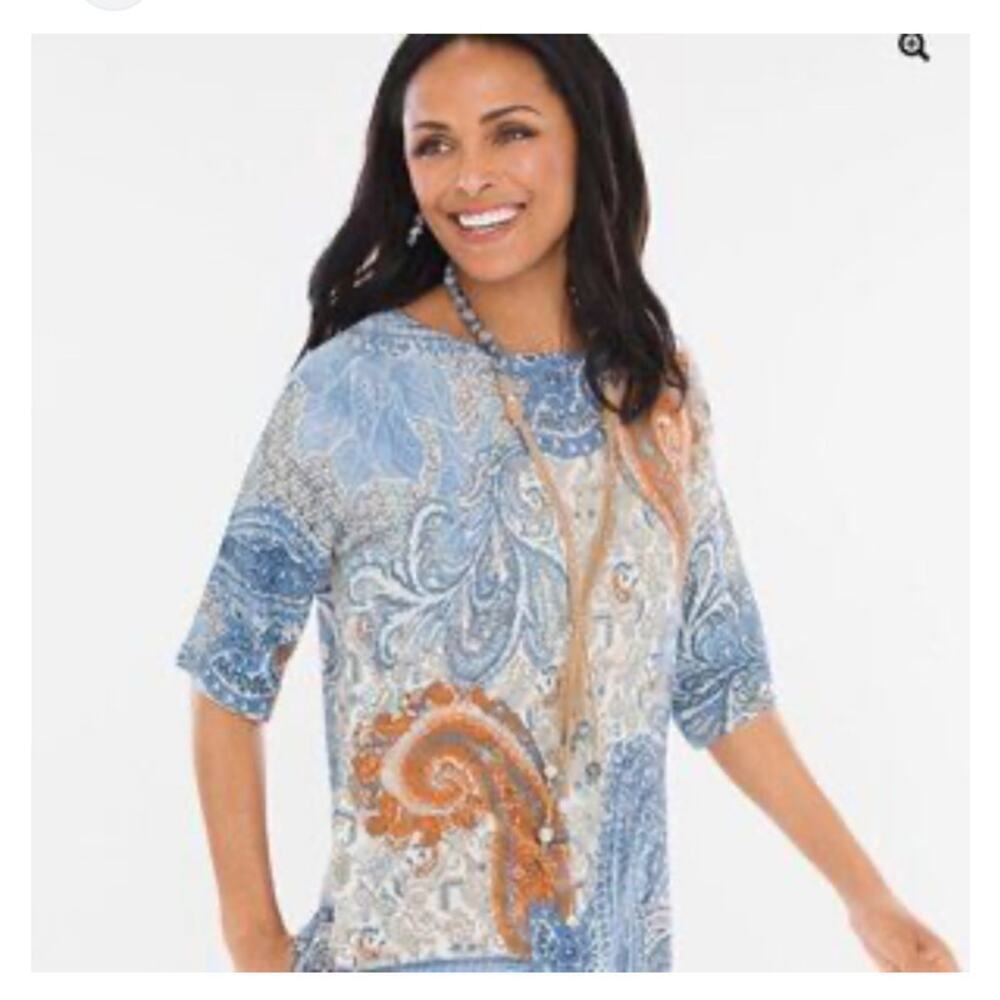 Chicos Knit Half Sleeve Paisley Pattterned Top Size 2P / LP